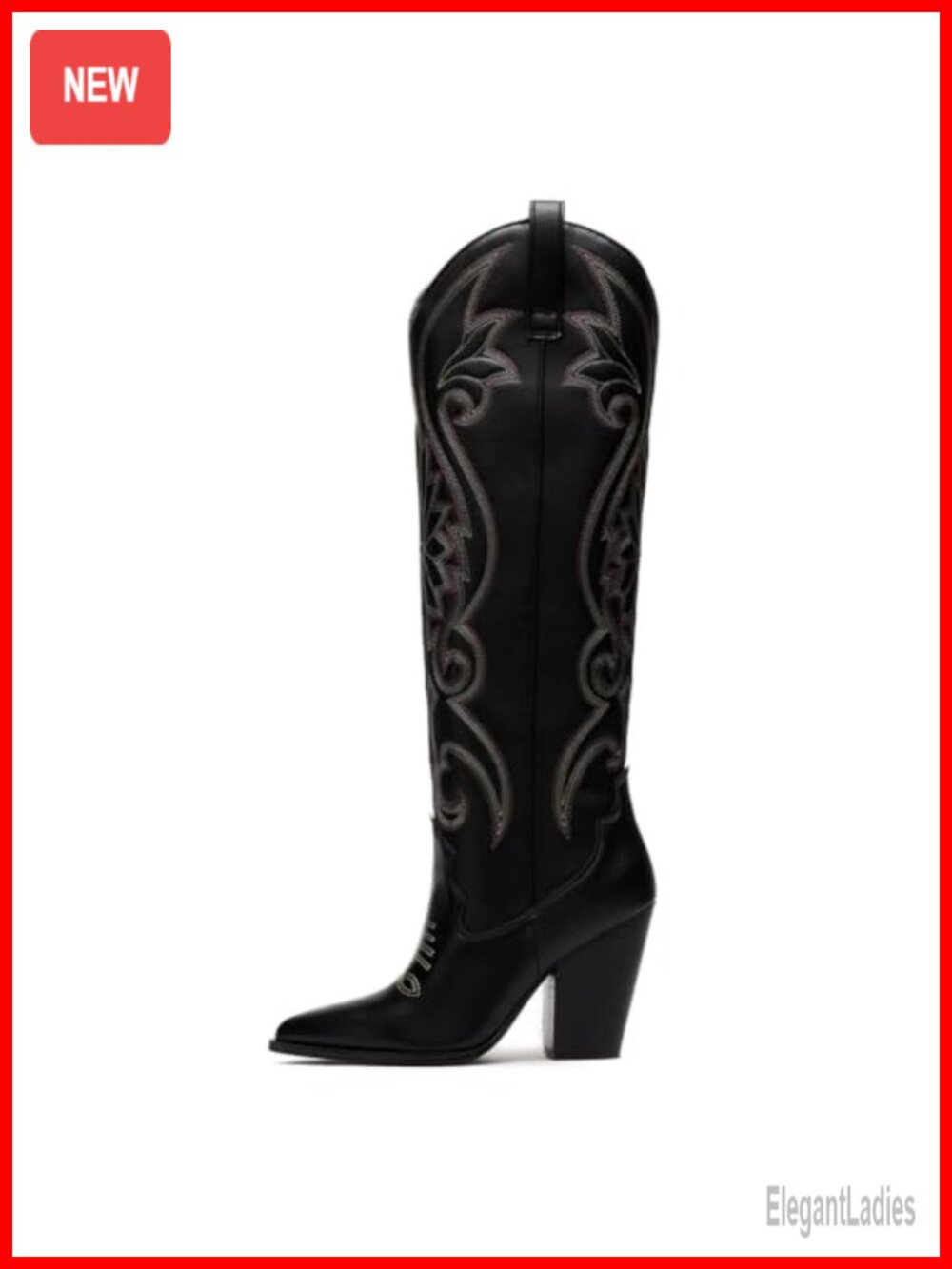 Knee High Cowboy Boots Pointed Toe Chunky High Heels Pull-on Embroidered